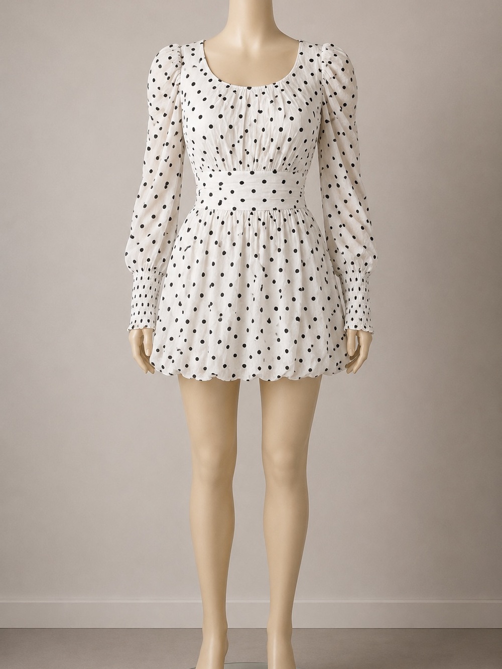 Polka Dot Long-Sleeve Mini Dress - White with Black Dots